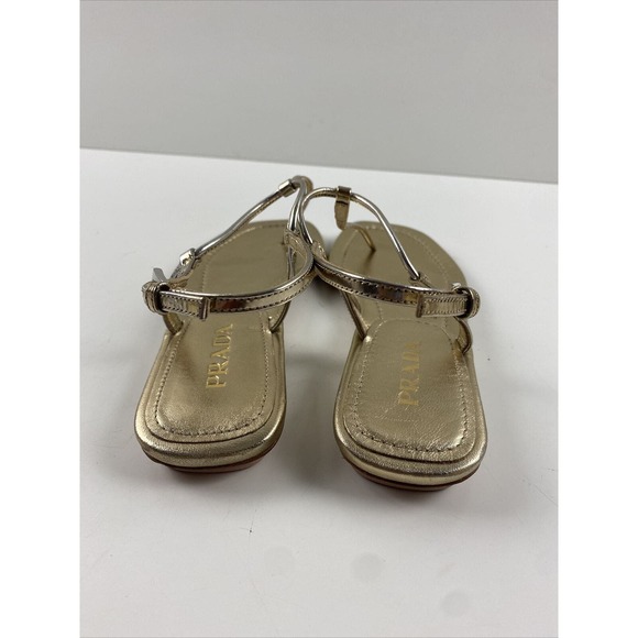 Prada Metallic Leather Flat T Strap Slingback Sandals Women’s Size 35 - Picture 7 of 8